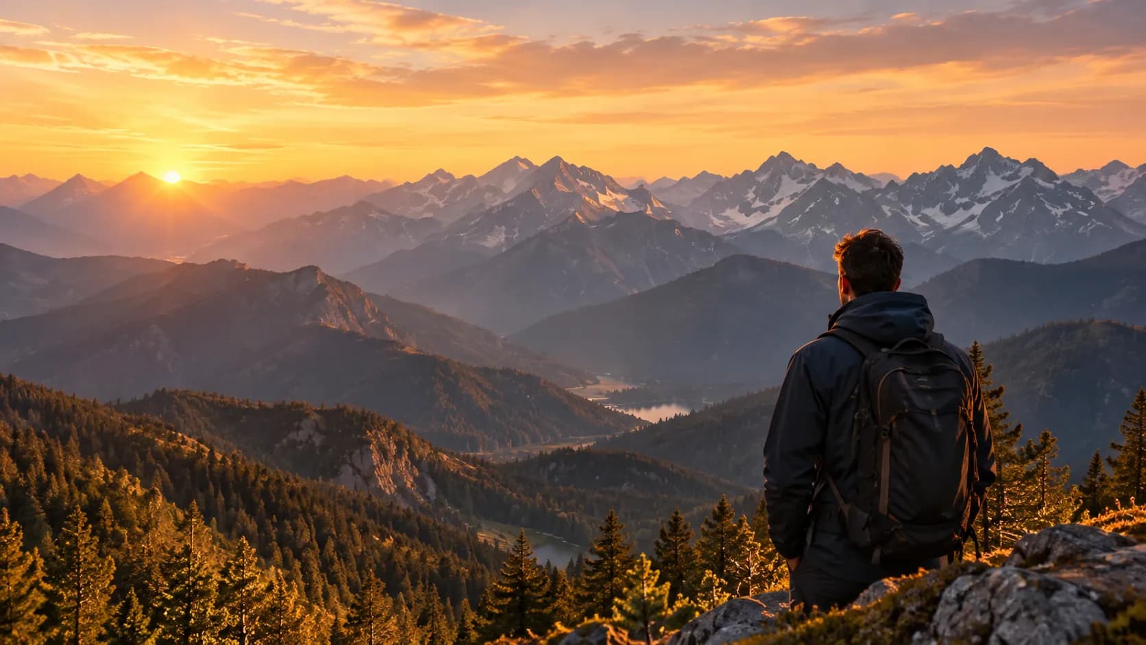 A hiker looking across mountains at sunrise